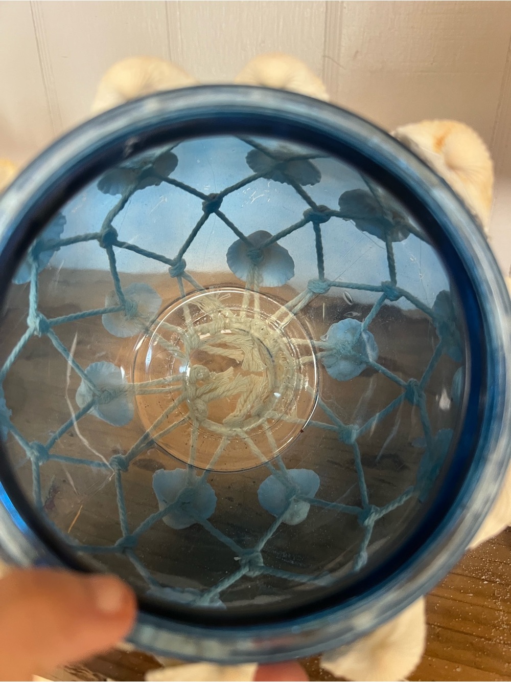 Handcrafted Blue Glass Shell Net Vase - Coastal Accent - Picture 6 of 6
